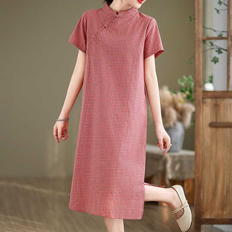 Nimara Ritual Plaid Short Sleeve Frog-Button Design Cotton Linen Improved Cheongsam Midi Dress