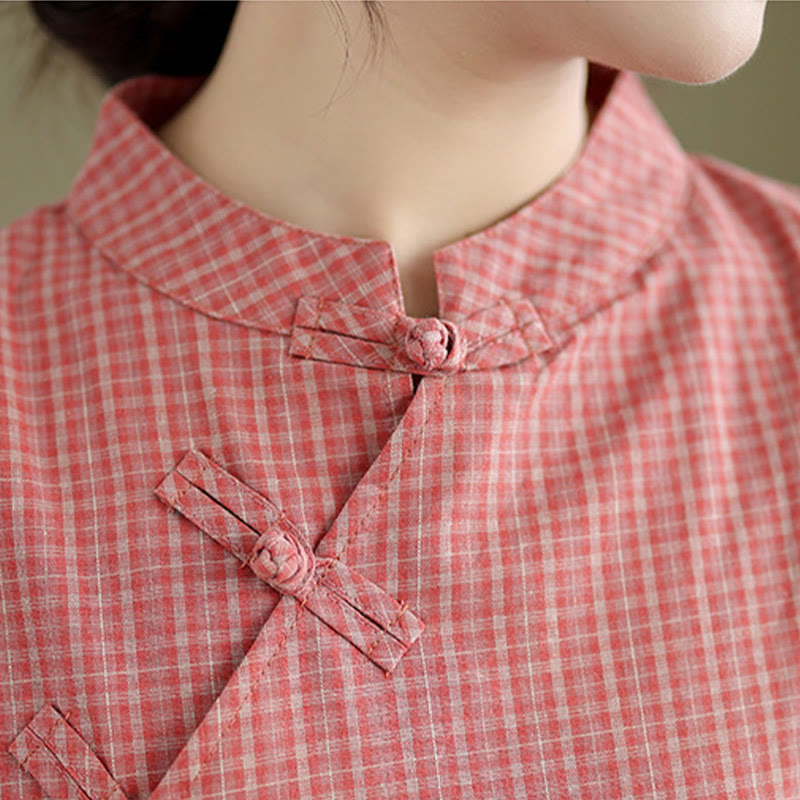 Nimara Ritual Plaid Short Sleeve Frog-Button Design Cotton Linen Improved Cheongsam Midi Dress