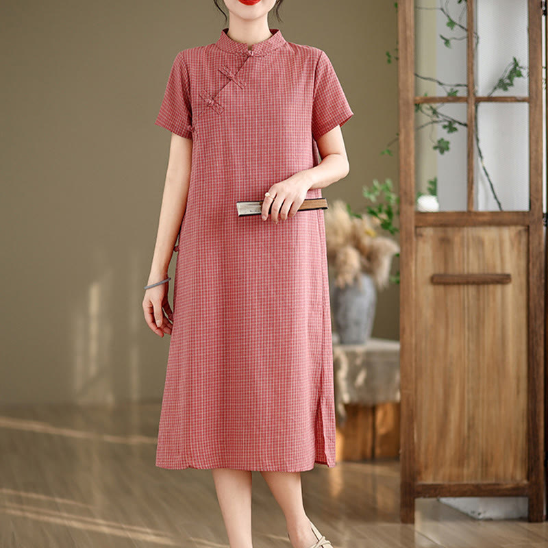 Nimara Ritual Plaid Short Sleeve Frog-Button Design Cotton Linen Improved Cheongsam Midi Dress