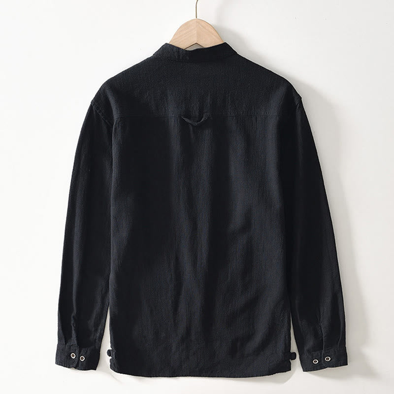 Nimara Ritual Solid Color Men's Buttons Long Sleeve Cotton Linen Shirt With Pockets