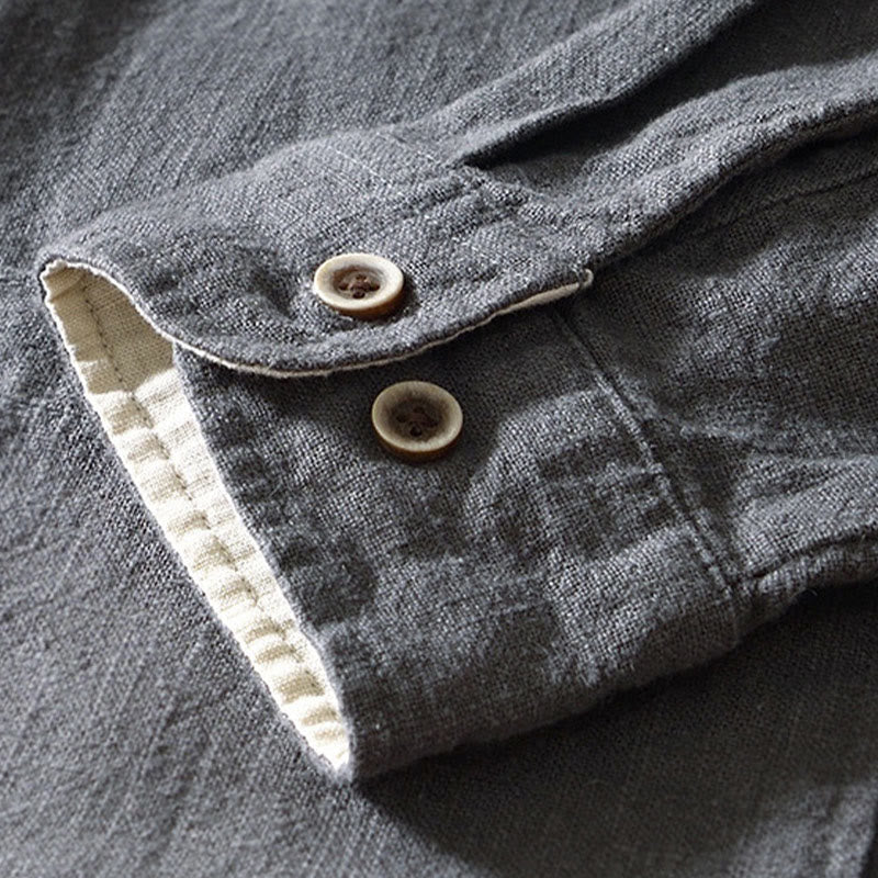 Nimara Ritual Solid Color Men's Buttons Long Sleeve Cotton Linen Shirt With Pockets