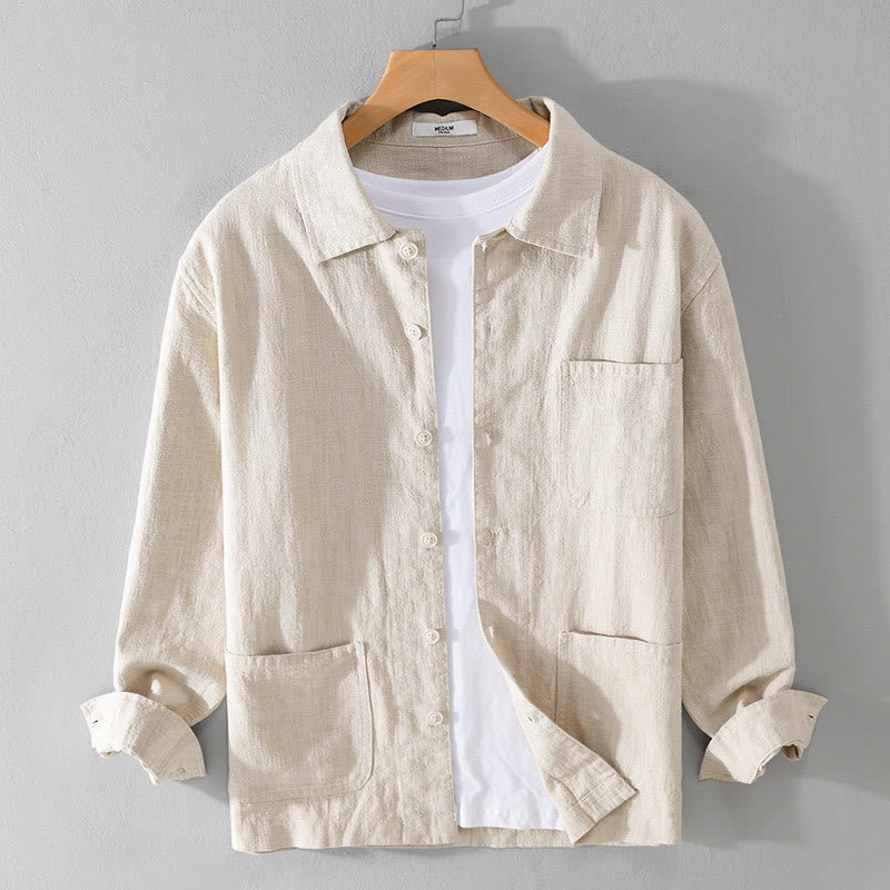 Nimara Ritual Commute Fall Solid Color Lapel Men's Long Sleeve Cotton Linen Shirt With Pocket