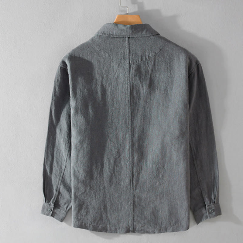 Nimara Ritual Commute Fall Solid Color Lapel Men's Long Sleeve Cotton Linen Shirt With Pocket