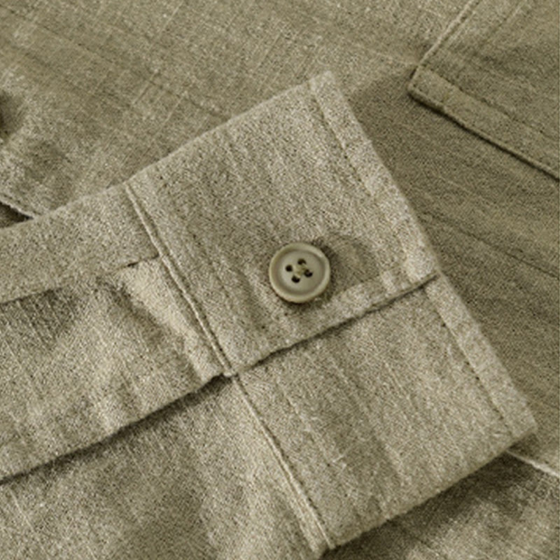 Nimara Ritual Commute Fall Solid Color Lapel Men's Long Sleeve Cotton Linen Shirt With Pocket