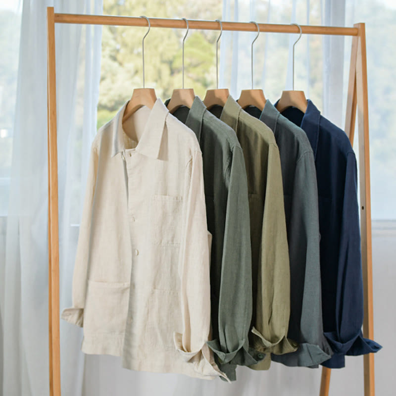 Nimara Ritual Commute Fall Solid Color Lapel Men's Long Sleeve Cotton Linen Shirt With Pocket