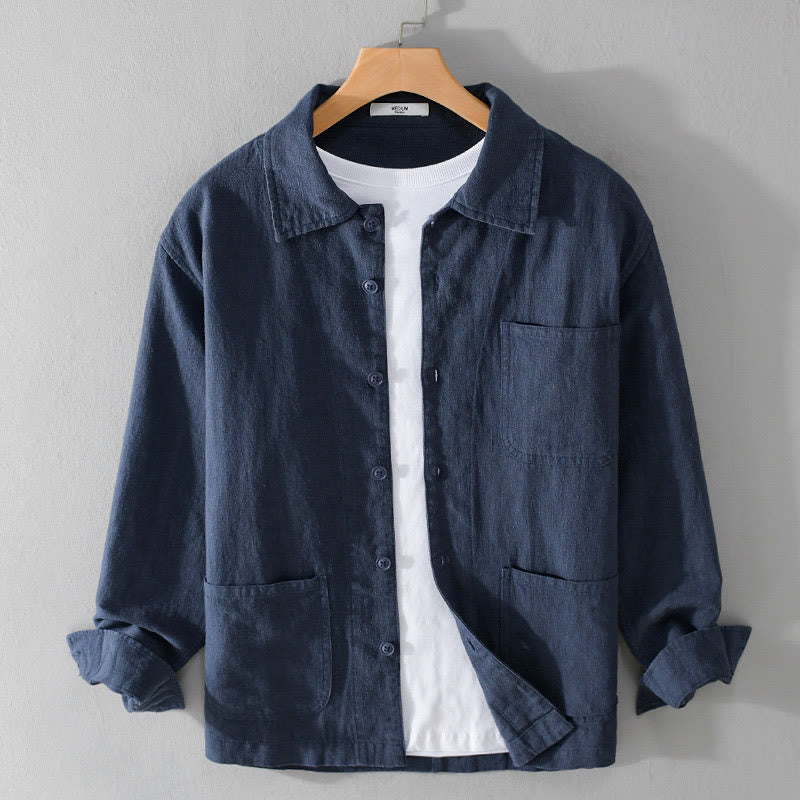 Nimara Ritual Commute Fall Solid Color Lapel Men's Long Sleeve Cotton Linen Shirt With Pocket