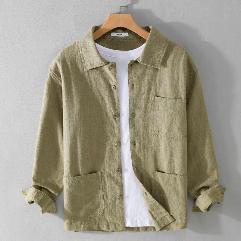 Nimara Ritual Commute Fall Solid Color Lapel Men's Long Sleeve Cotton Linen Shirt With Pocket
