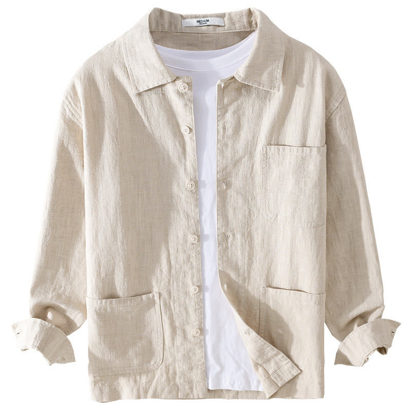Nimara Ritual Commute Fall Solid Color Lapel Men's Long Sleeve Cotton Linen Shirt With Pocket