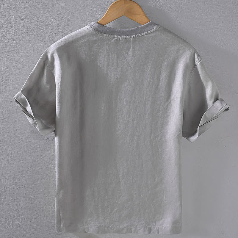 Nimara Ritual Crew Neck Simple Design Men's Short Sleeve Linen Shirt With Pocket