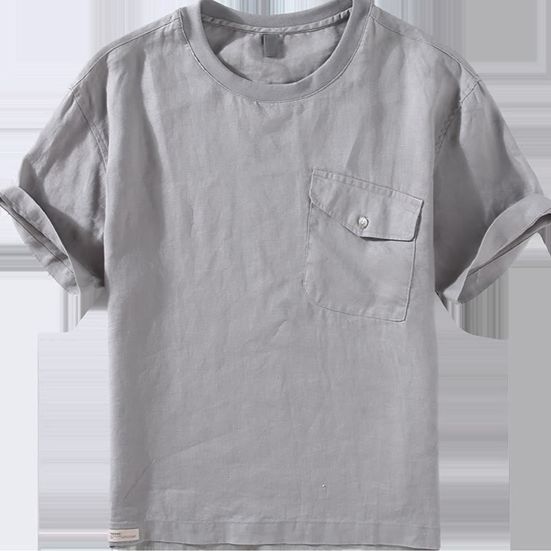 Nimara Ritual Crew Neck Simple Design Men's Short Sleeve Linen Shirt With Pocket