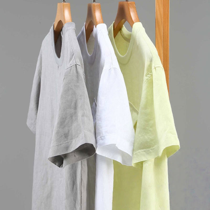 Nimara Ritual Crew Neck Simple Design Men's Short Sleeve Linen Shirt With Pocket
