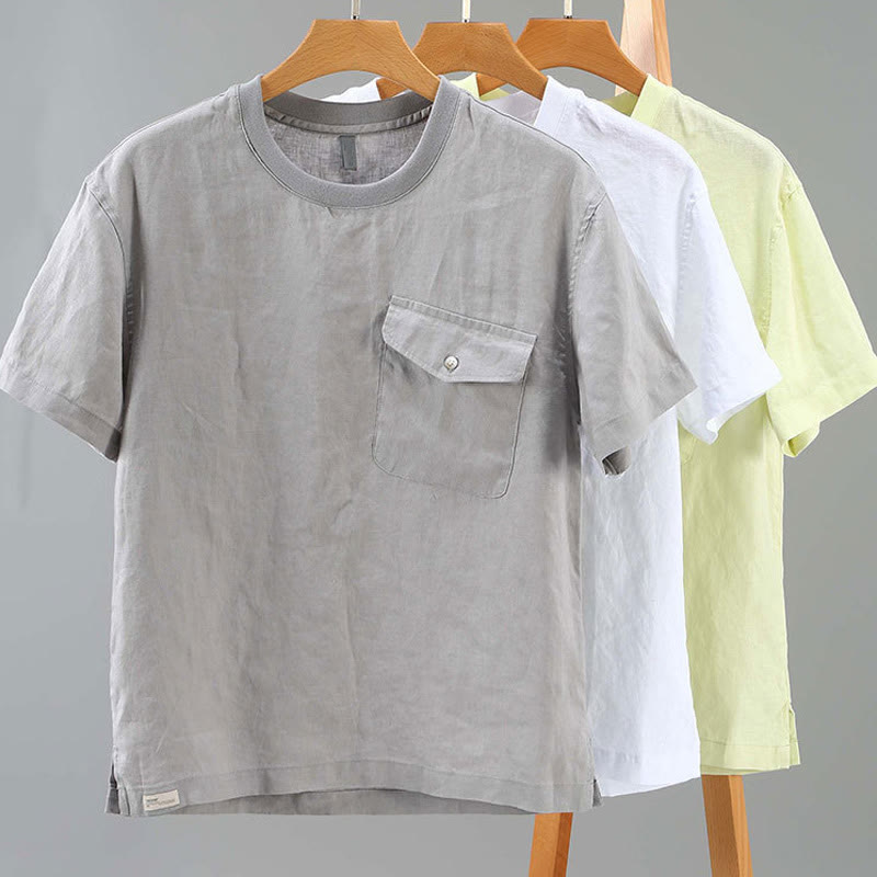 Nimara Ritual Crew Neck Simple Design Men's Short Sleeve Linen Shirt With Pocket