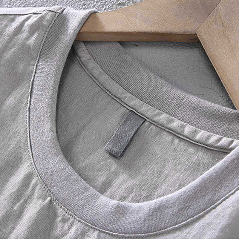 Nimara Ritual Crew Neck Simple Design Men's Short Sleeve Linen Shirt With Pocket