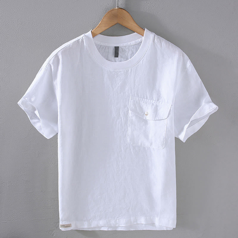 Nimara Ritual Crew Neck Simple Design Men's Short Sleeve Linen Shirt With Pocket