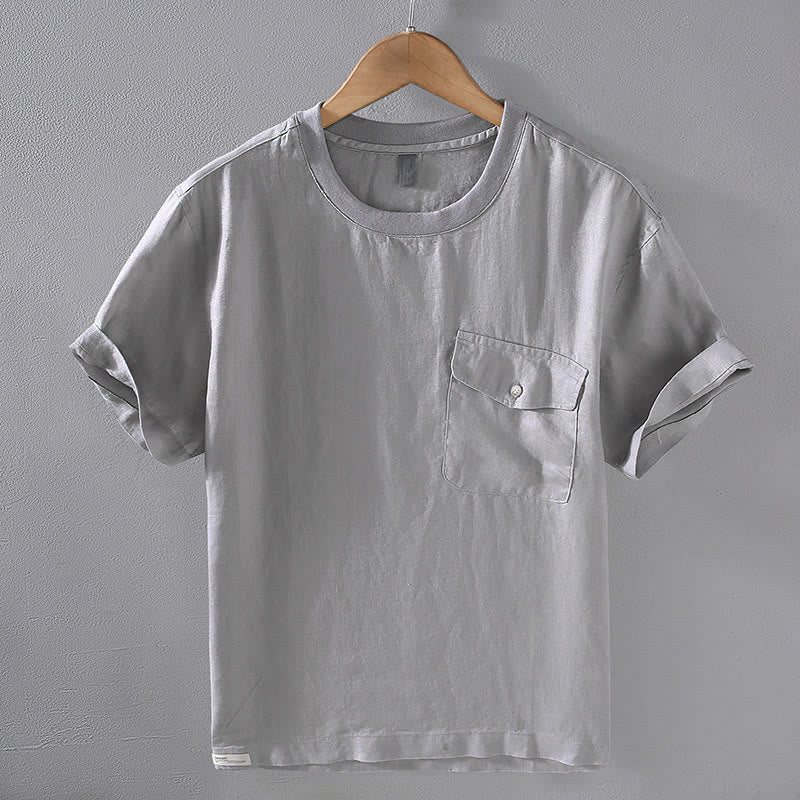 Nimara Ritual Crew Neck Simple Design Men's Short Sleeve Linen Shirt With Pocket