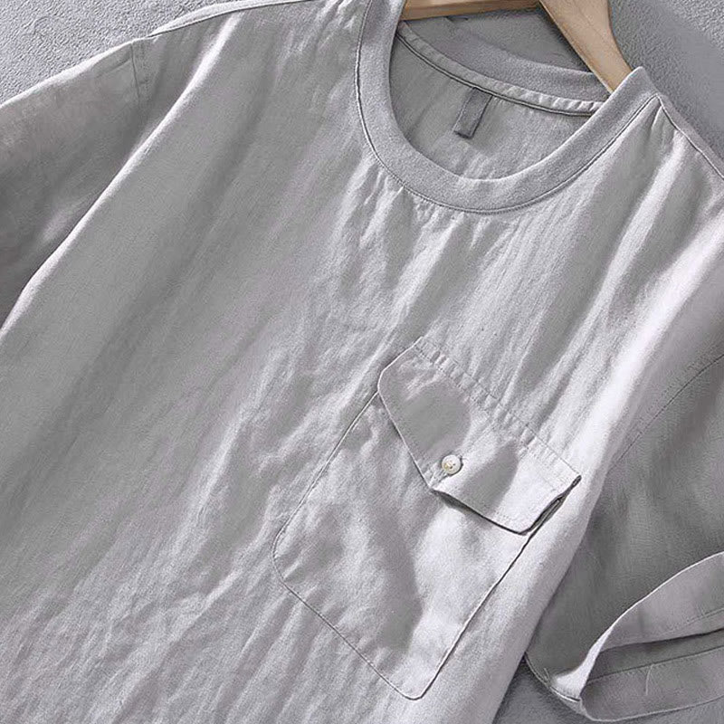 Nimara Ritual Crew Neck Simple Design Men's Short Sleeve Linen Shirt With Pocket