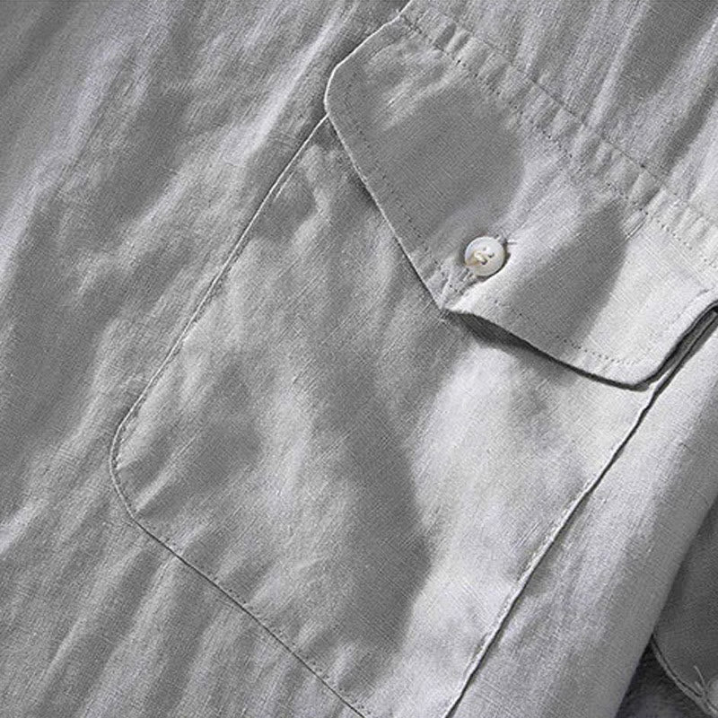 Nimara Ritual Crew Neck Simple Design Men's Short Sleeve Linen Shirt With Pocket