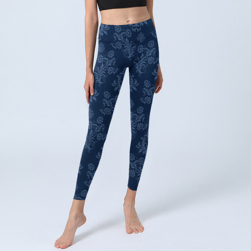 Nimara Ritual Blue Floral Leaf Print Gym Leggings Women's Yoga Pants