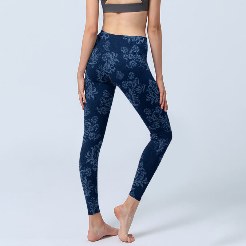 Nimara Ritual Blue Floral Leaf Print Gym Leggings Women's Yoga Pants