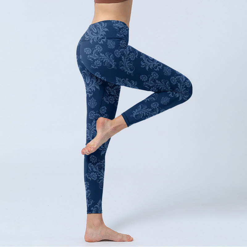 Nimara Ritual Blue Floral Leaf Print Gym Leggings Women's Yoga Pants
