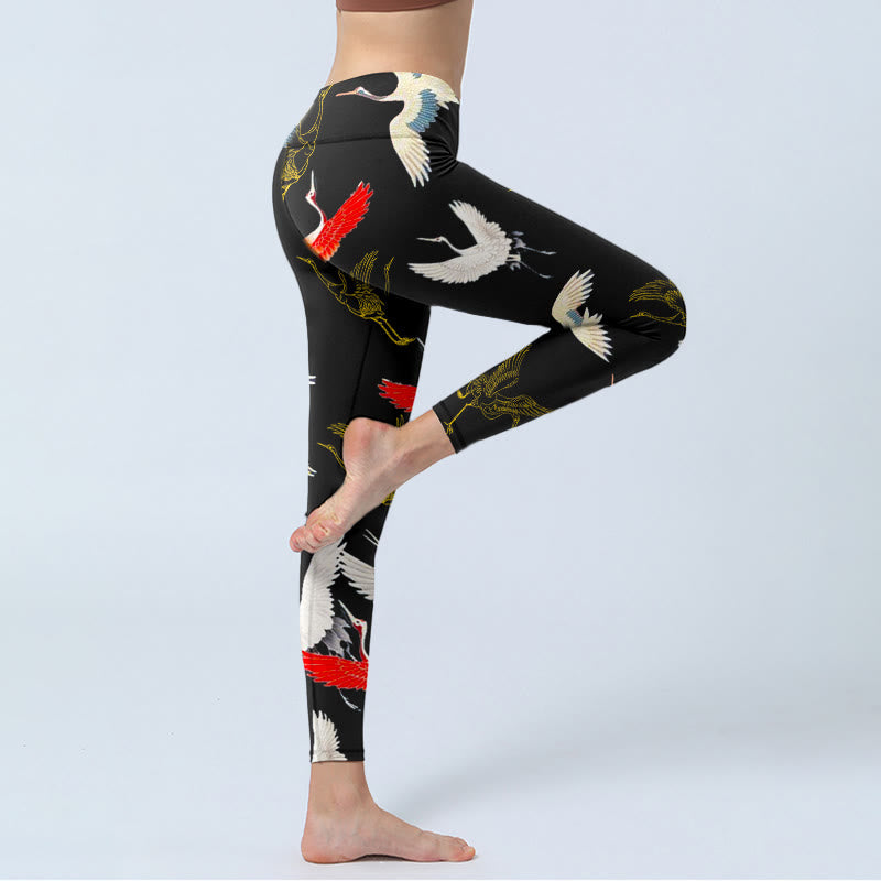 Nimara Ritual White Red Gold Cranes Print Gym Leggings Women's Yoga Pants