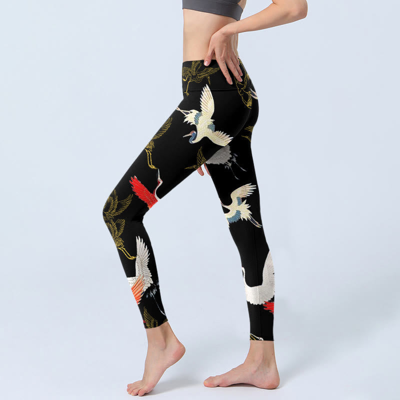 Nimara Ritual White Red Gold Cranes Print Gym Leggings Women's Yoga Pants