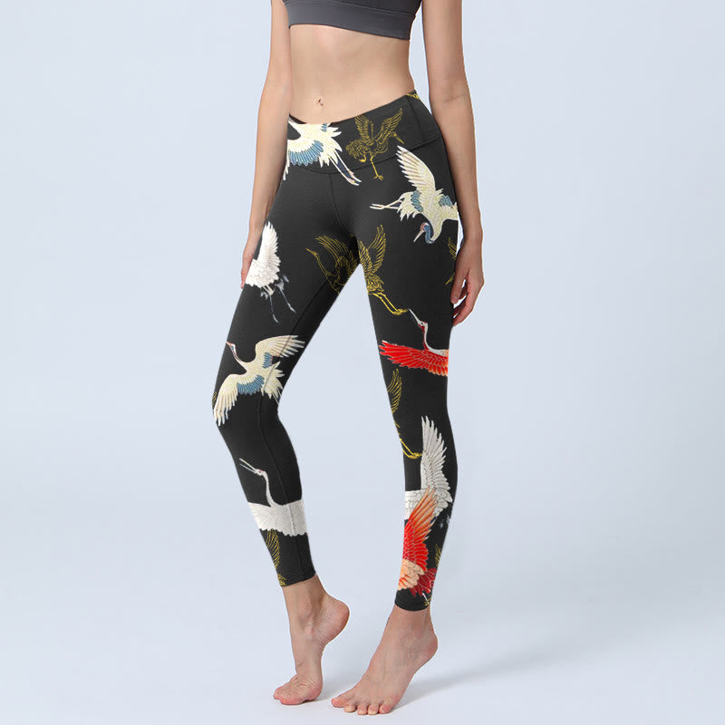 Nimara Ritual White Red Gold Cranes Print Gym Leggings Women's Yoga Pants