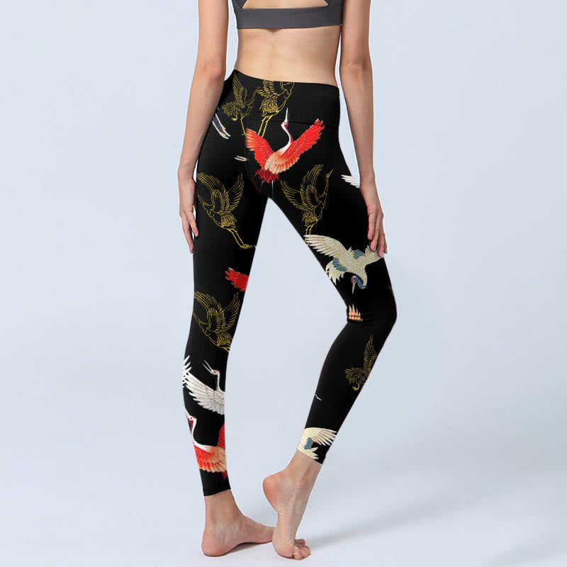 Nimara Ritual White Red Gold Cranes Print Gym Leggings Women's Yoga Pants