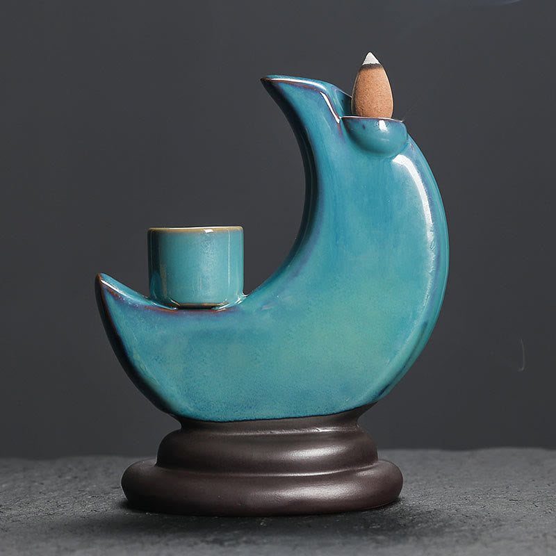 Nimara Ritual Blue Crescent Moon Ceramic Backflow Smoke Fountain Meditation Candlestick Incense Burner Decoration