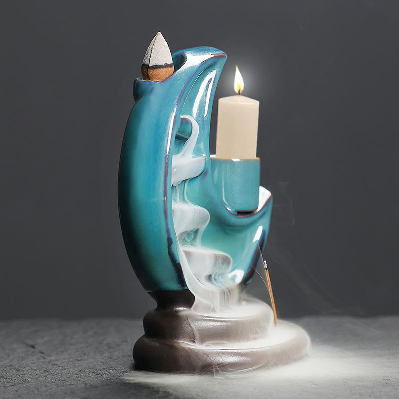 Nimara Ritual Blue Crescent Moon Ceramic Backflow Smoke Fountain Meditation Candlestick Incense Burner Decoration