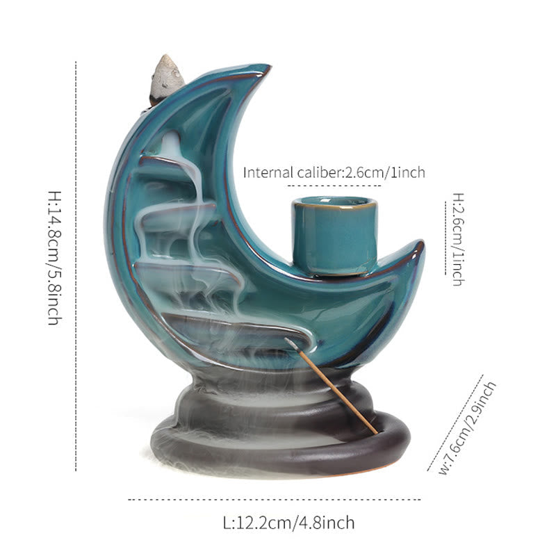 Nimara Ritual Blue Crescent Moon Ceramic Backflow Smoke Fountain Meditation Candlestick Incense Burner Decoration