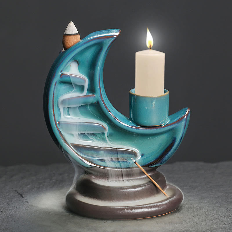 Nimara Ritual Blue Crescent Moon Ceramic Backflow Smoke Fountain Meditation Candlestick Incense Burner Decoration