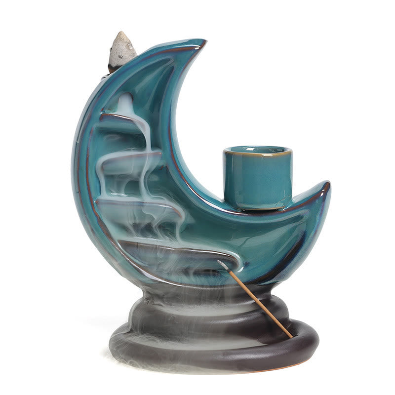 Nimara Ritual Blue Crescent Moon Ceramic Backflow Smoke Fountain Meditation Candlestick Incense Burner Decoration