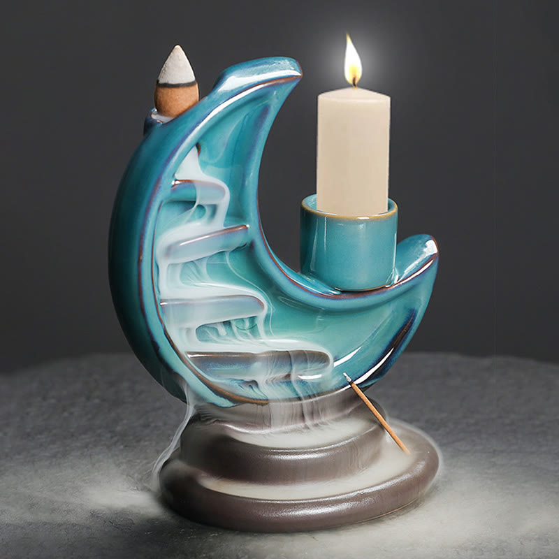 Nimara Ritual Blue Crescent Moon Ceramic Backflow Smoke Fountain Meditation Candlestick Incense Burner Decoration