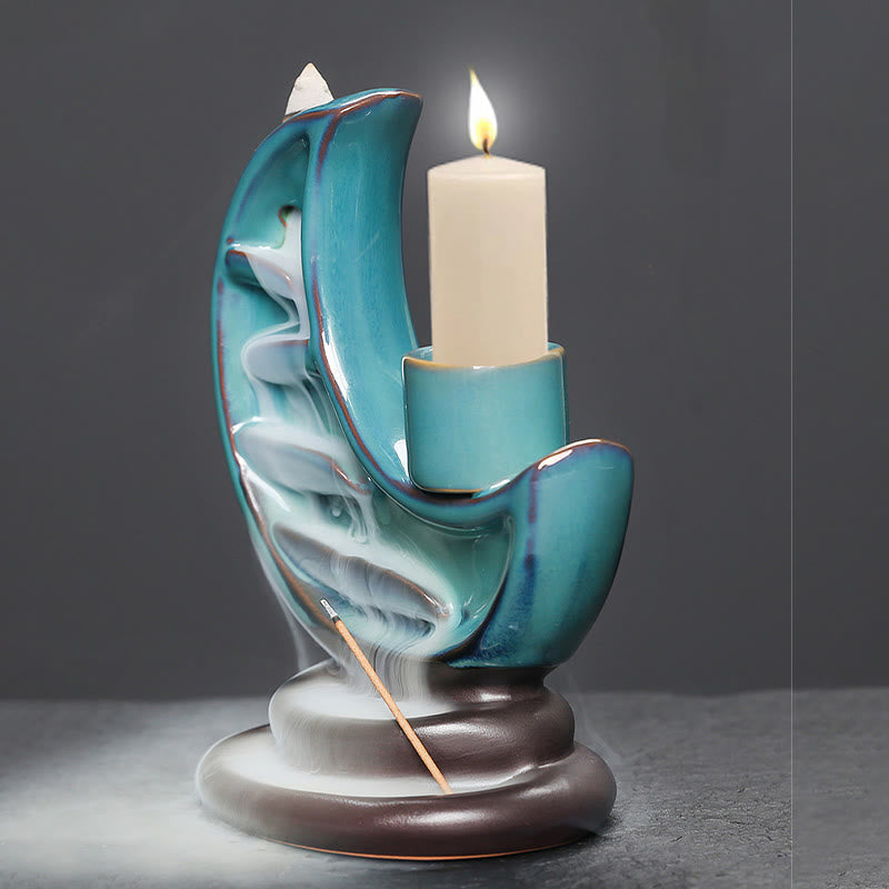 Nimara Ritual Blue Crescent Moon Ceramic Backflow Smoke Fountain Meditation Candlestick Incense Burner Decoration