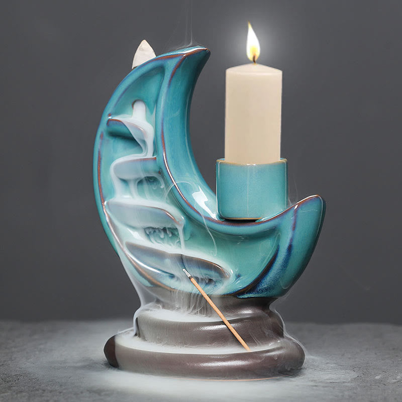 Nimara Ritual Blue Crescent Moon Ceramic Backflow Smoke Fountain Meditation Candlestick Incense Burner Decoration
