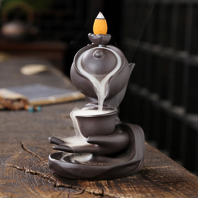Nimara Ritual Buddha Hand Holding Teapot Cup Ceramic Backflow Smoke Fountain Healing Incense Burner Decoration