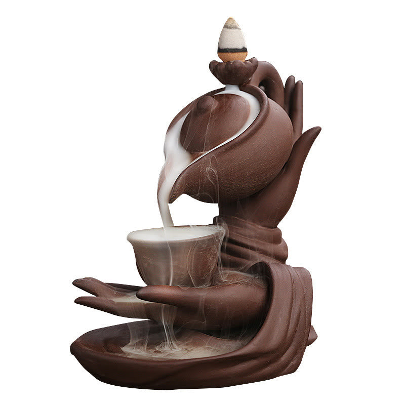 Nimara Ritual Buddha Hand Holding Teapot Cup Ceramic Backflow Smoke Fountain Healing Incense Burner Decoration