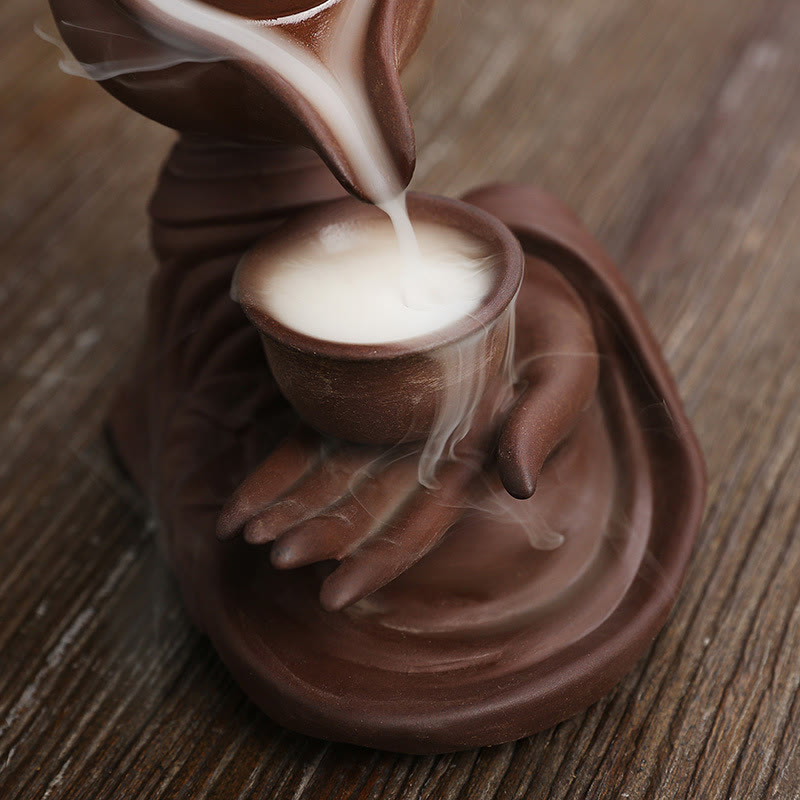 Nimara Ritual Buddha Hand Holding Teapot Cup Ceramic Backflow Smoke Fountain Healing Incense Burner Decoration