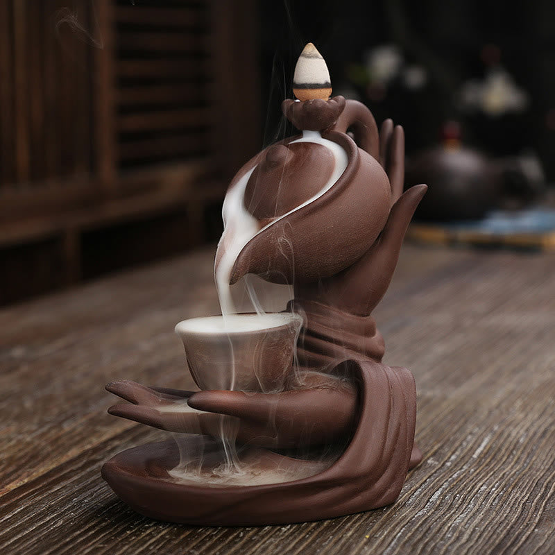 Nimara Ritual Buddha Hand Holding Teapot Cup Ceramic Backflow Smoke Fountain Healing Incense Burner Decoration