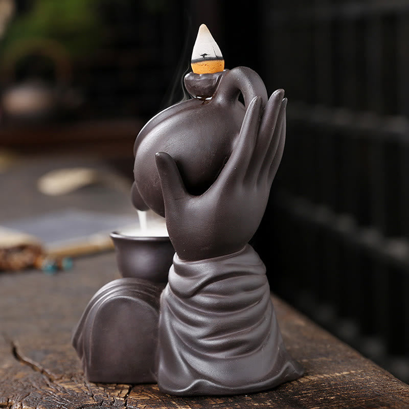 Nimara Ritual Buddha Hand Holding Teapot Cup Ceramic Backflow Smoke Fountain Healing Incense Burner Decoration