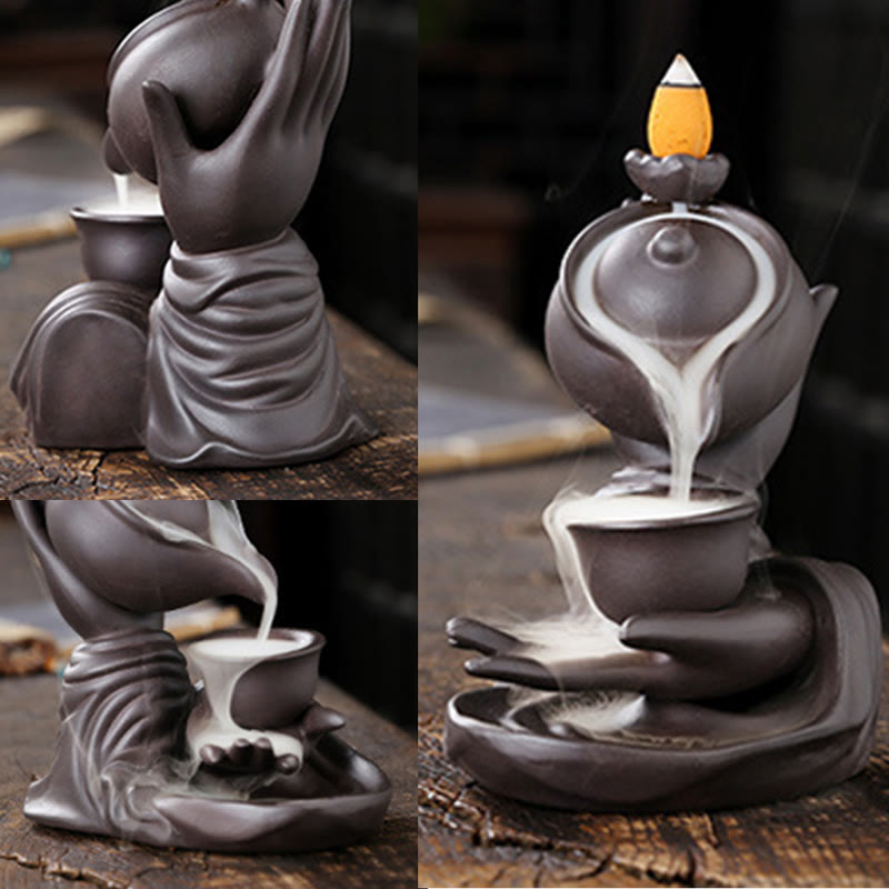 Nimara Ritual Buddha Hand Holding Teapot Cup Ceramic Backflow Smoke Fountain Healing Incense Burner Decoration