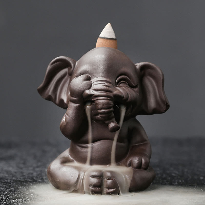 Nimara Ritual Cute Elephant Purple Clay Backflow Smoke Fountain Peace Healing Incense Burner Decoration