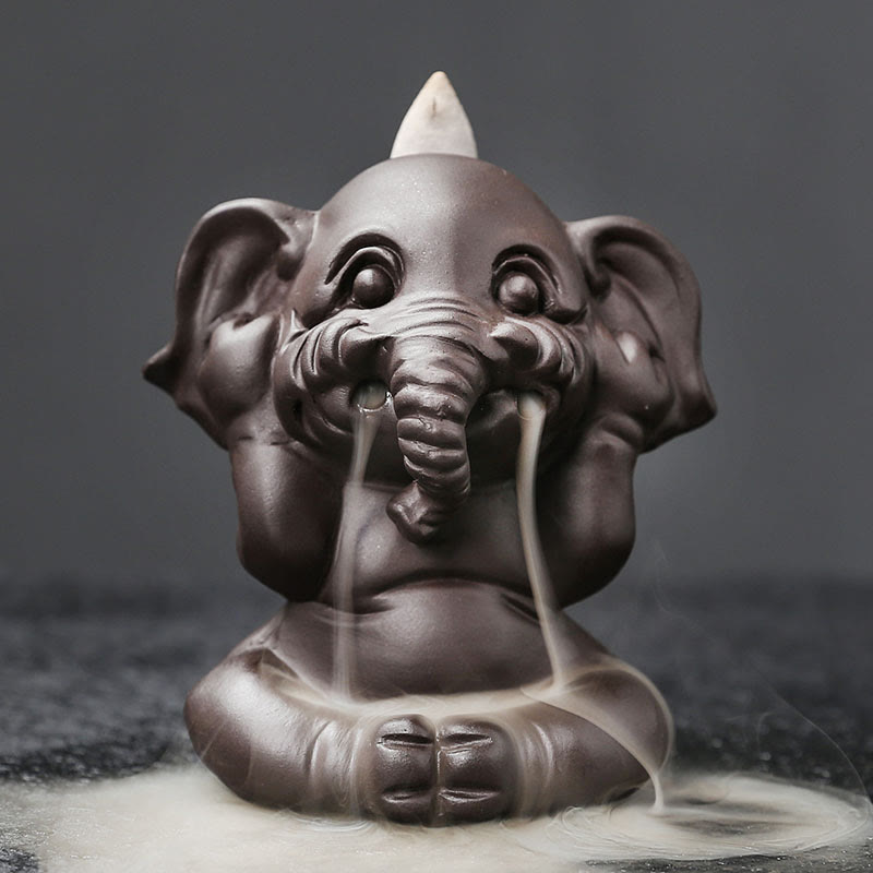 Nimara Ritual Cute Elephant Purple Clay Backflow Smoke Fountain Peace Healing Incense Burner Decoration