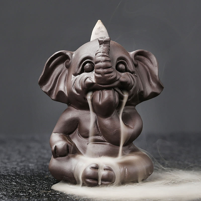 Nimara Ritual Cute Elephant Purple Clay Backflow Smoke Fountain Peace Healing Incense Burner Decoration
