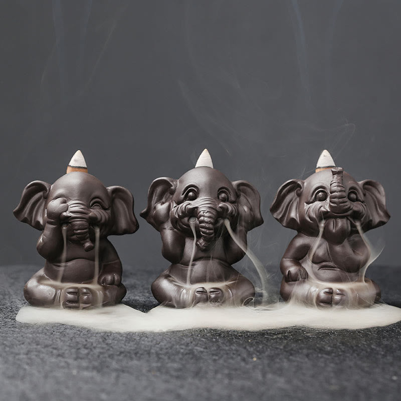 Nimara Ritual Cute Elephant Purple Clay Backflow Smoke Fountain Peace Healing Incense Burner Decoration