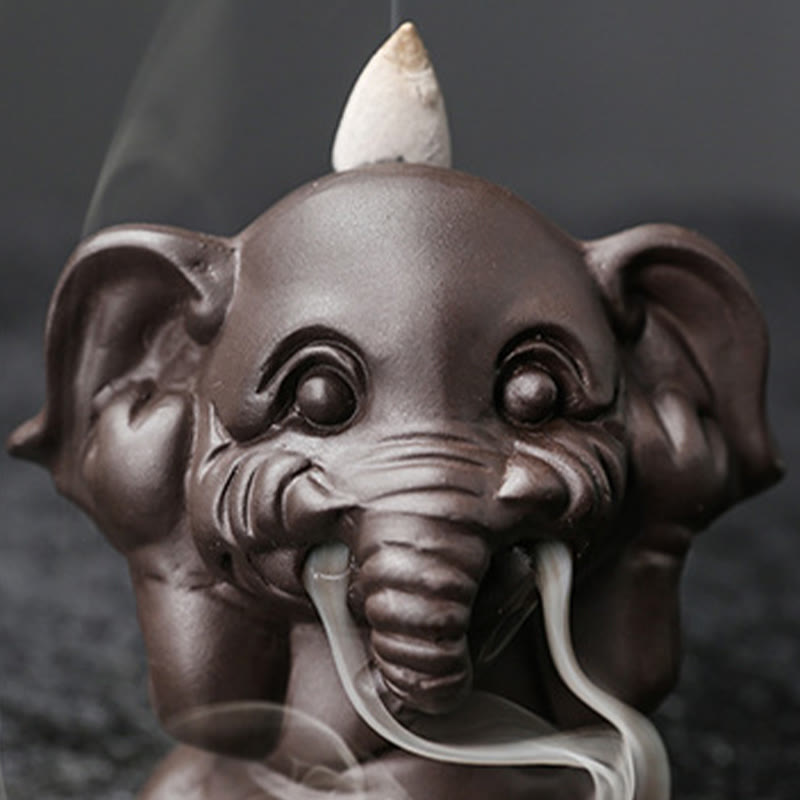 Nimara Ritual Cute Elephant Purple Clay Backflow Smoke Fountain Peace Healing Incense Burner Decoration
