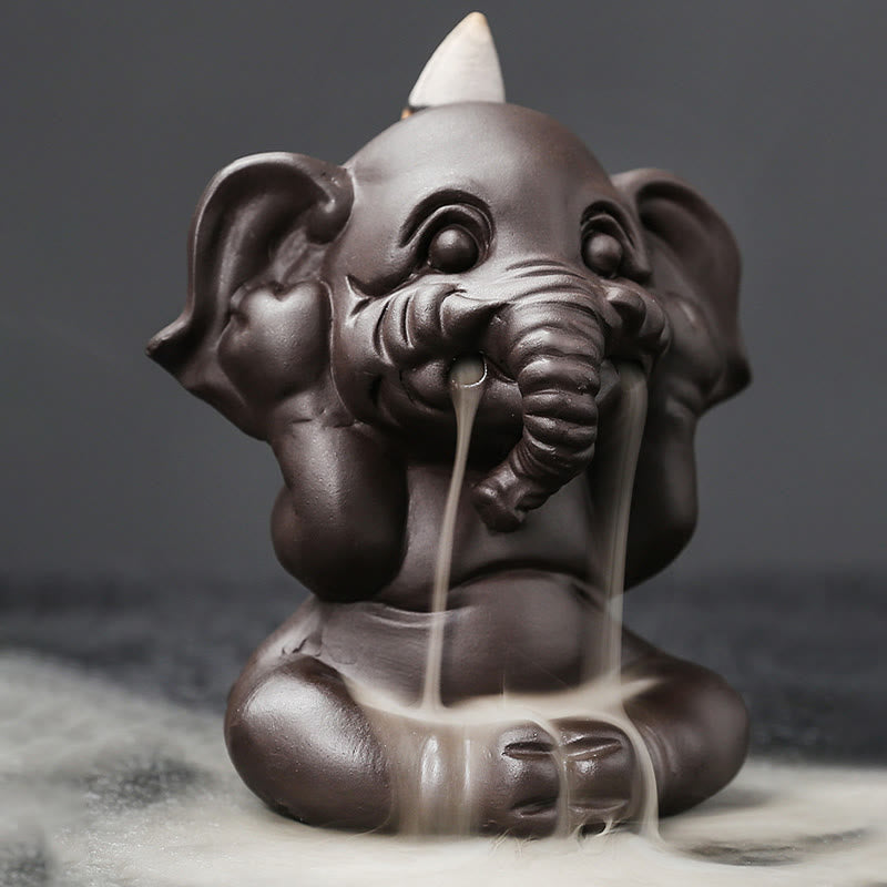 Nimara Ritual Cute Elephant Purple Clay Backflow Smoke Fountain Peace Healing Incense Burner Decoration