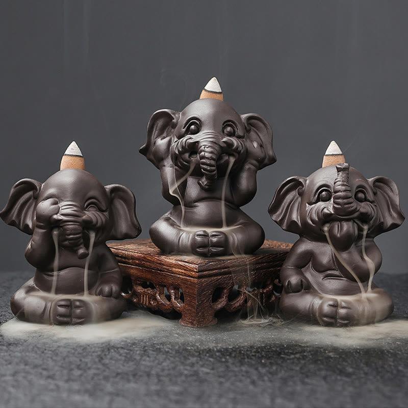 Nimara Ritual Cute Elephant Purple Clay Backflow Smoke Fountain Peace Healing Incense Burner Decoration