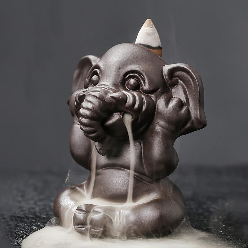 Nimara Ritual Cute Elephant Purple Clay Backflow Smoke Fountain Peace Healing Incense Burner Decoration